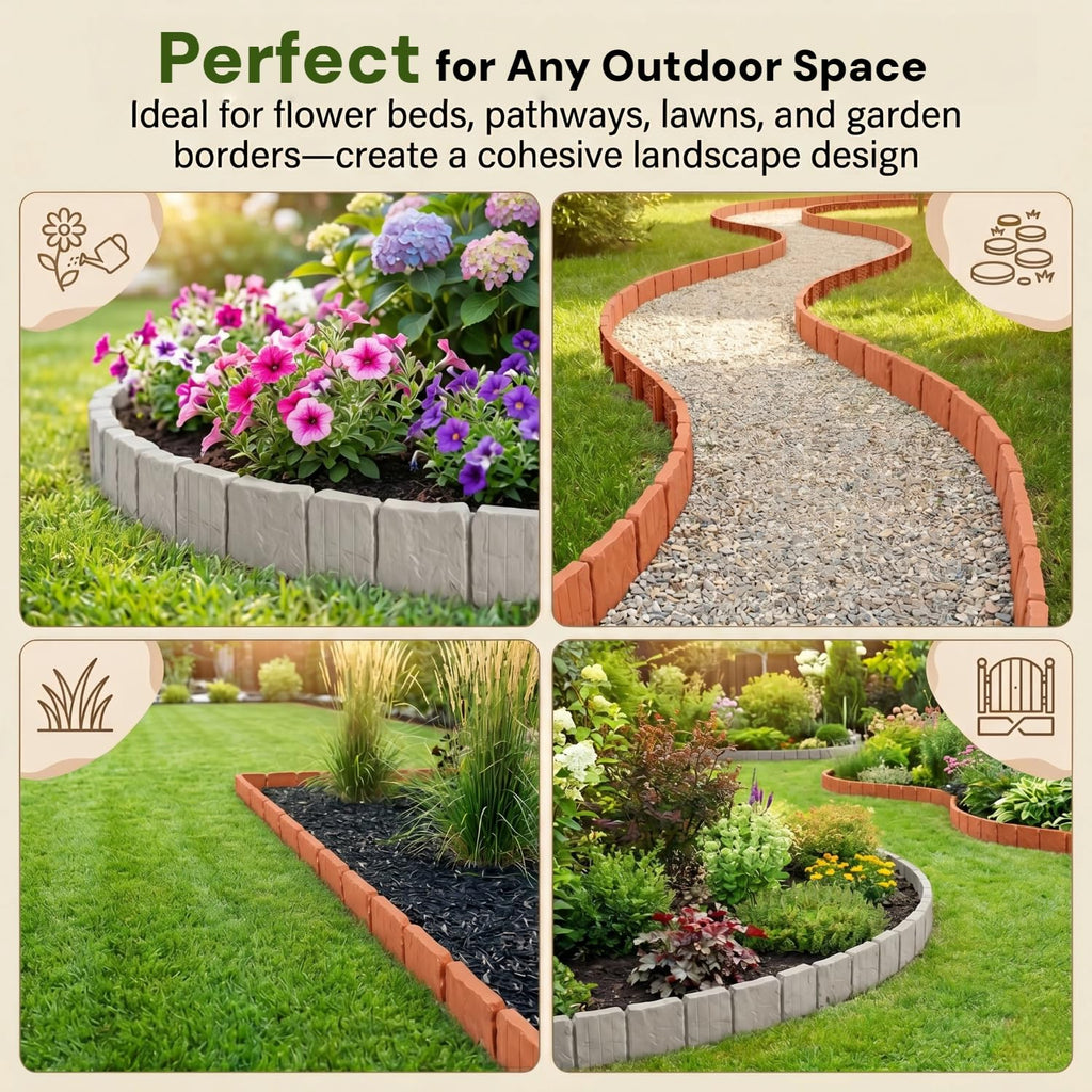 Imitation Stone Garden Fence - DIY Garden Edging Border, 2026 New Plastic Garden Retaining Fence, Interlocking No Dig Decorative Garden Fence with Stakes, for Yard, Patio, Outdoor (Gray, 30pcs)