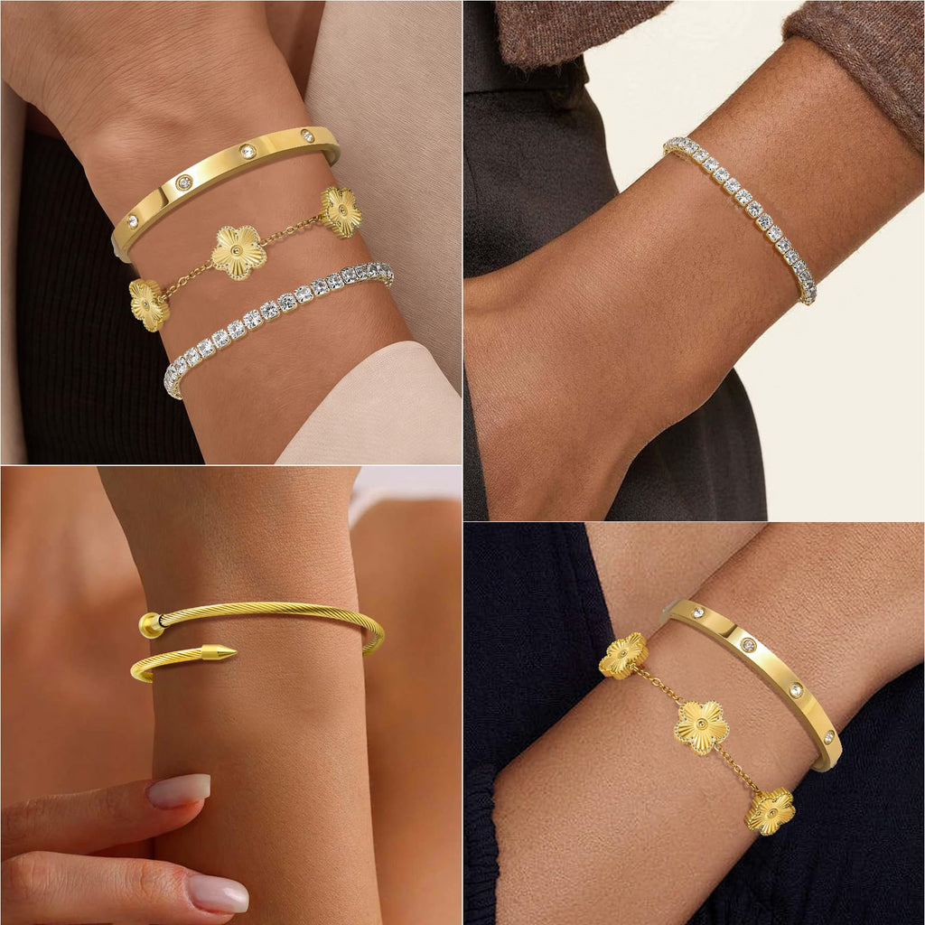 MOINSPIRE 18K Gold Plated Bracelets for Women, Stainless Steel Four Leaf Clover Tennis Nail Love Bangle Bracelets Set, Trendy Stackable Twist Cuff Bracelet Non Tarnish Jewelry Gifts Choice