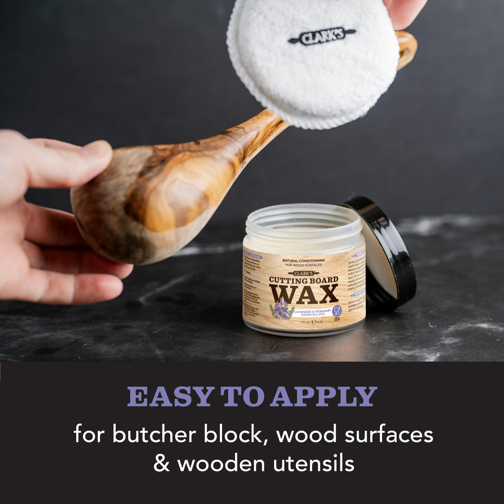 CLARK’S Cutting Board Oil and Wax Kit - Set includes Food Grade Mineral Oil (12oz), Finishing Wood Wax (6oz), Applicator Sponge & Buffing Pad, Enriched with Food Safe Lavender and Rosemary Extract