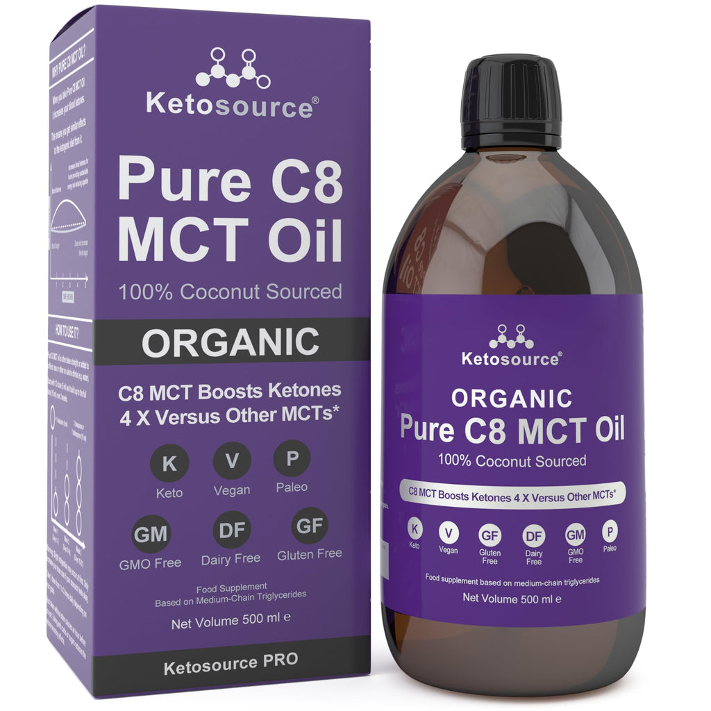Organic Pure C8 MCT Oil | Boosts Ketones 4X Versus Other MCTs | Highest 99%+ Purity | 100% Coconut MCT Oil Organic | Keto, Fasting, Vegan & Gluten Safe | Premium Lab Tested Purity | 500ml Glass Bottle