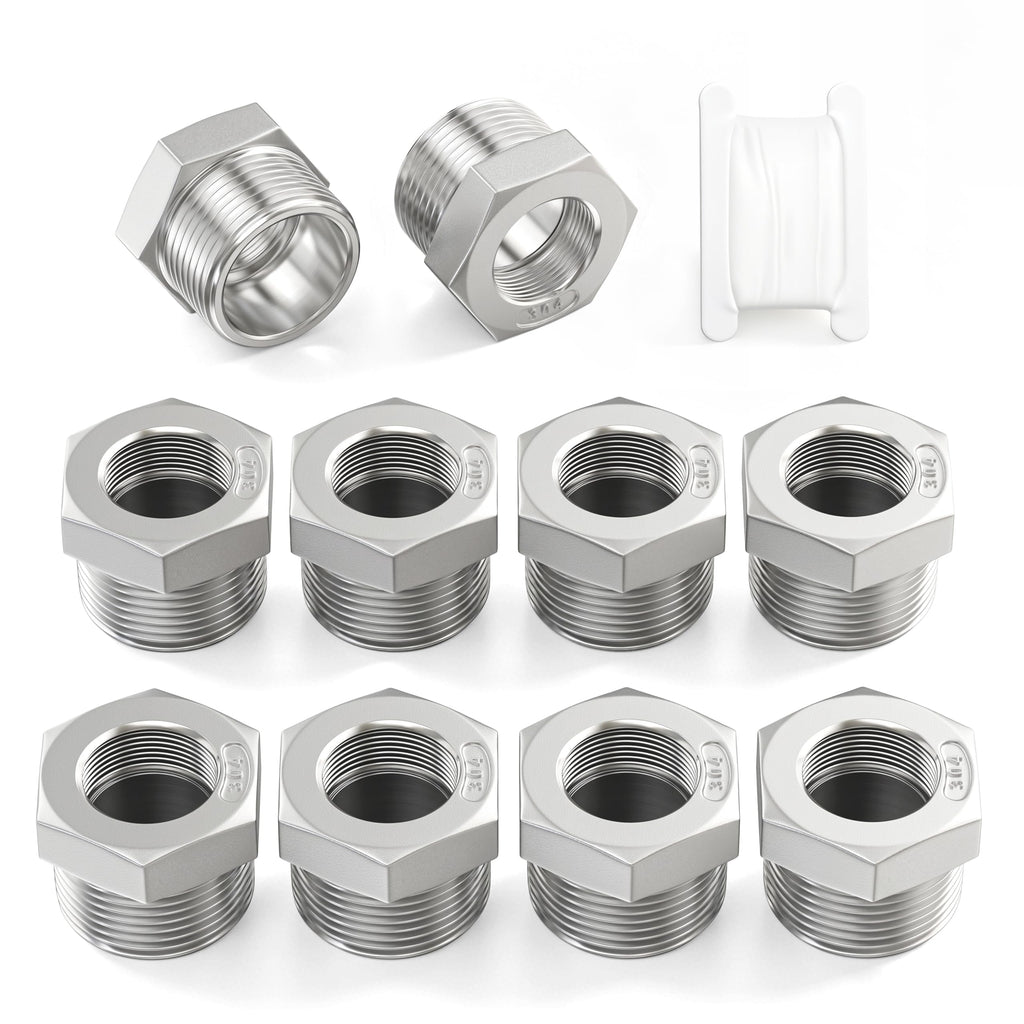 TAISHER 10PCS 304 Stainless Steel Reducer Hex Bushing, 1/2" NPT Male x 1/4" NPT Female, Reducing Pipe Adapter Fitting