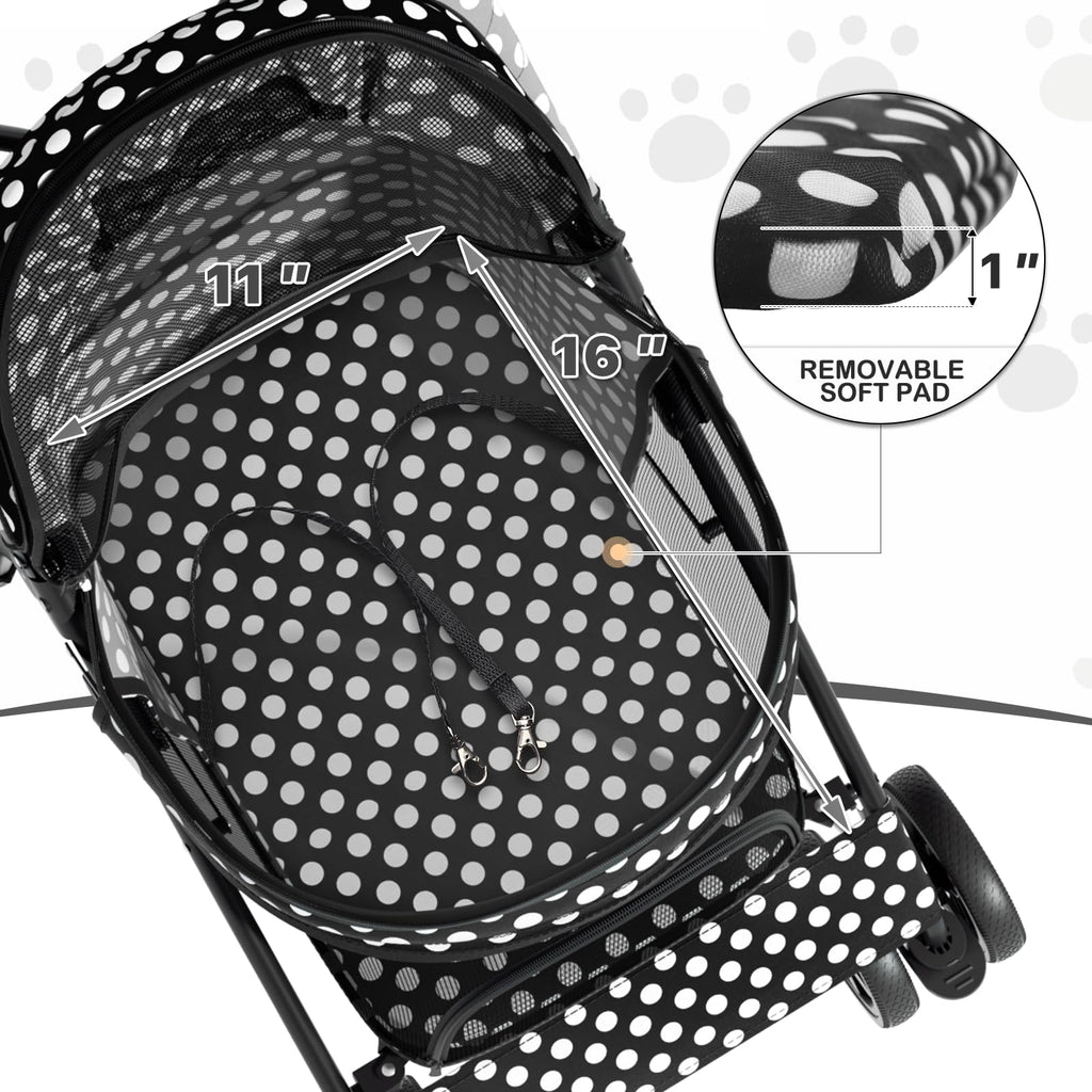MoNiBloom 4 Wheels Pet Stroller, Easy-Fold Umbrella Shaped Dog Cat Jogger Stroller w/Storage Bag & Visible Mesh for Small/Medium Dogs Cats Black Polka Dots