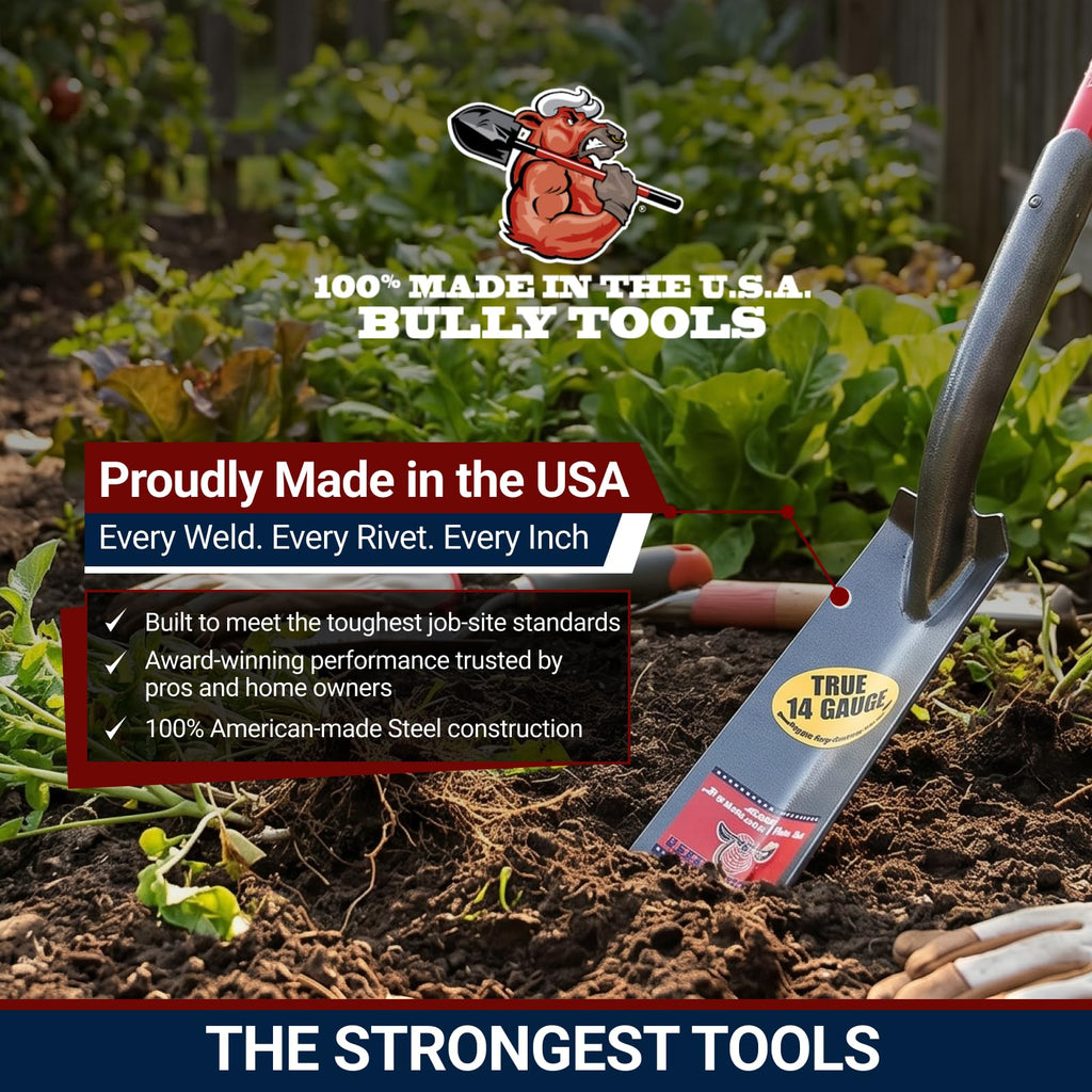Bully Tools 14-Gauge 3-Inch Trench Shovel - Heavy-Duty Steel Blade with V-Shaped Design, Long Fiberglass Handle, Rust-Resistant Powder Coat & Rubber Grip for Landscaping, Garden Task- 100% Made in USA