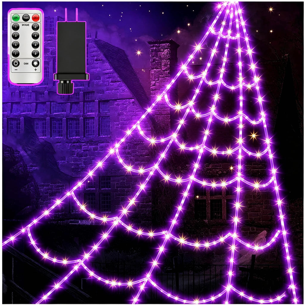 LCHUANG Spider Webs Halloween Decor Lights - 450 LEDs Outdoor Halloween String Lights with Light Up Spider,8 Modes Remote Control 16.4Ft Spiderweb,Waterproof (New Purple Grid Luminous Net)