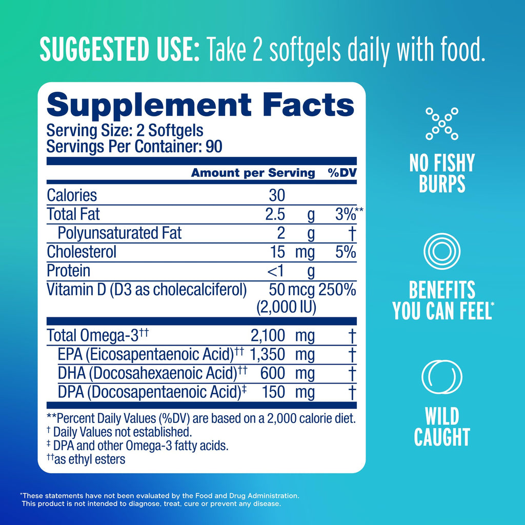 Oceanblue Professional Fish Oil with Vitamin D3 | Triple Strength 2100mg Omega-3 DPA EPA DHA | Wild Caught | Burpless Orange Flavor | 180 Softgel Capsules