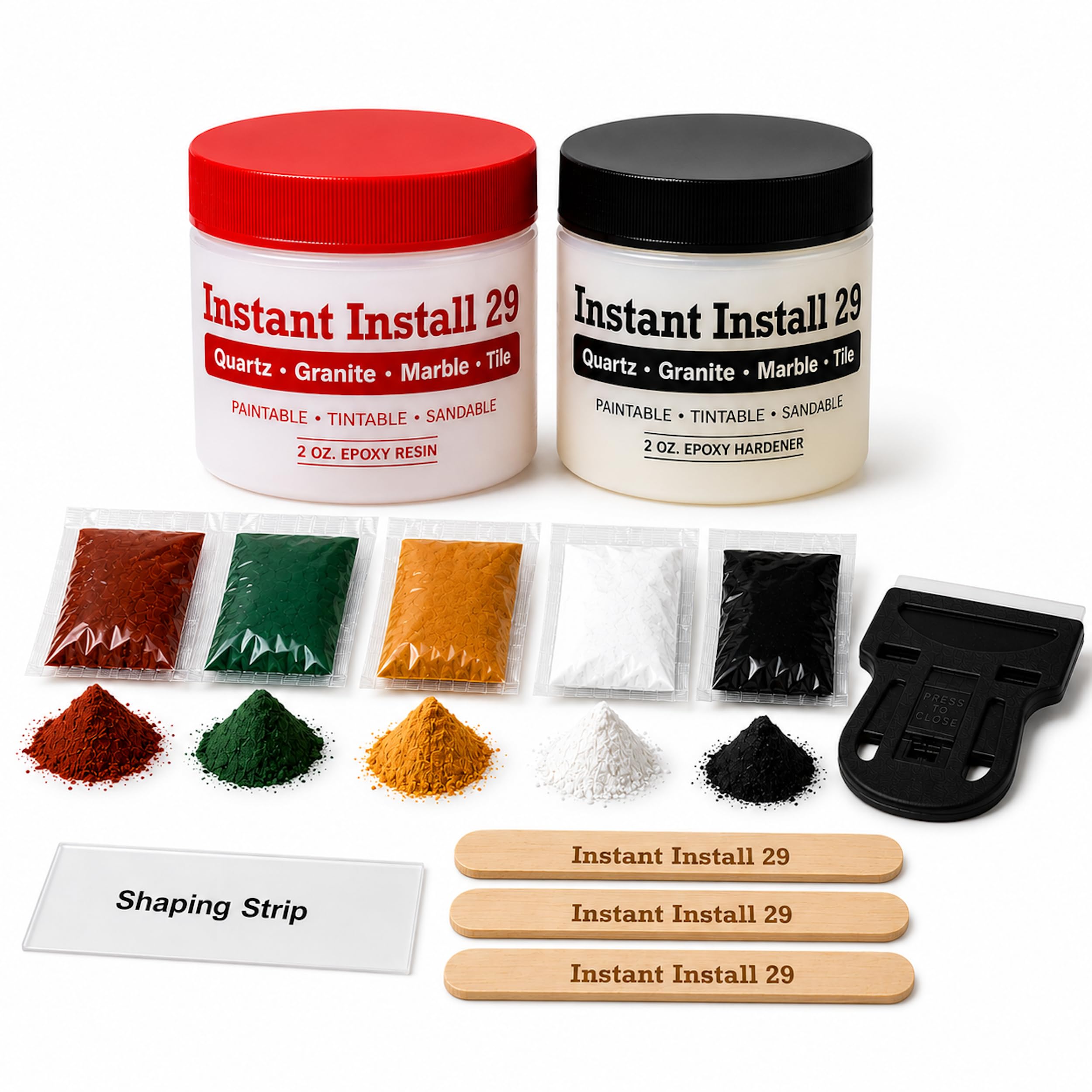 Instant Install 29 Complete - 4 oz Epoxy Permanent Repair Kit with EZ-Tint 10 g 5-Pack, Mixing Sticks, Razor, & Shaping Strip - Granite, Marble, & Tile - Rebonds & Rebuilds - Dry in 29 Minutes