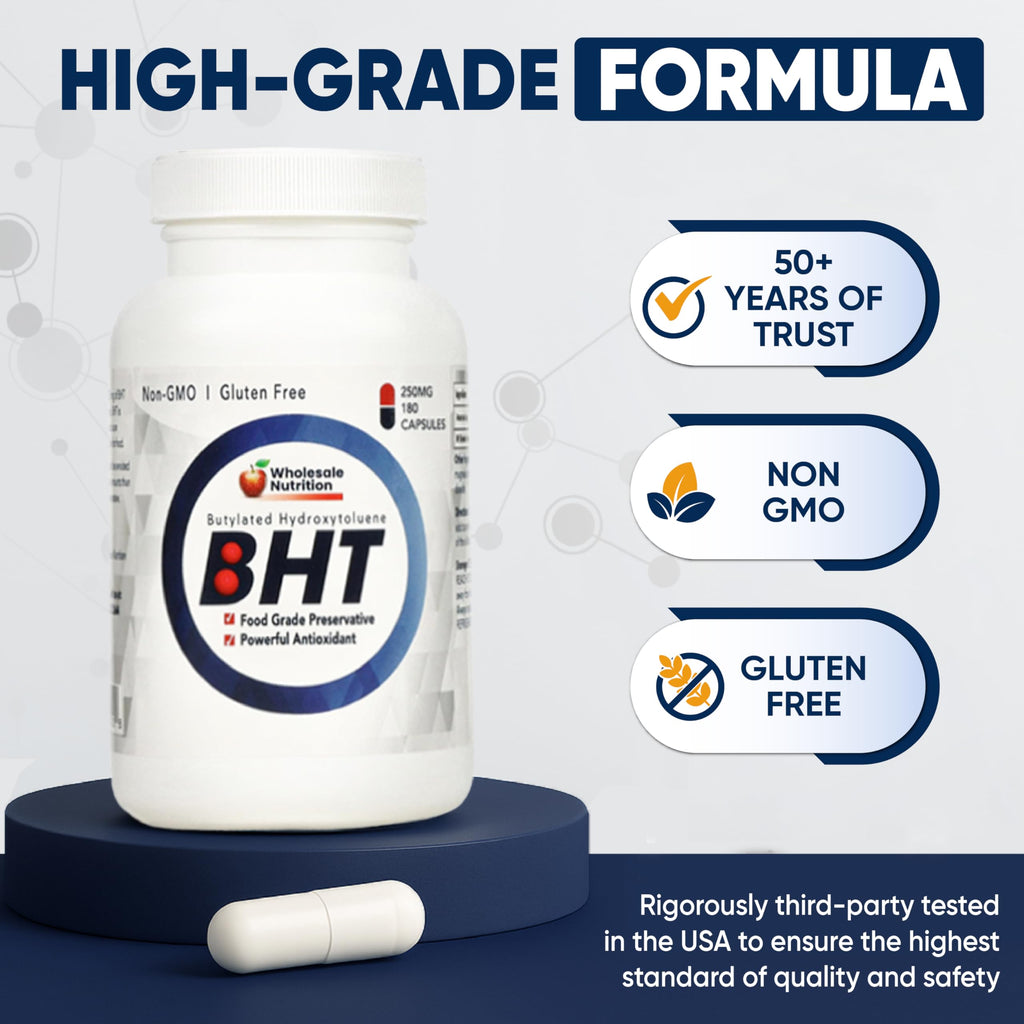 Wholesale Nutrition BHT - 250mg Potent Antioxidant - Non-GMO, Gluten-Free - Enhance Oil/Fat Preservation - Pure Butylated Hydroxytoluene for Foods/Oils - 180 Capsules