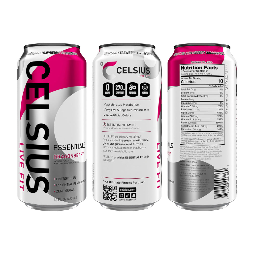 CELSIUS ESSENTIALS™ Sparkling Dragonberry, Sugar Free Performance Energy Drink, 16 Fl Oz (Pack of 12)