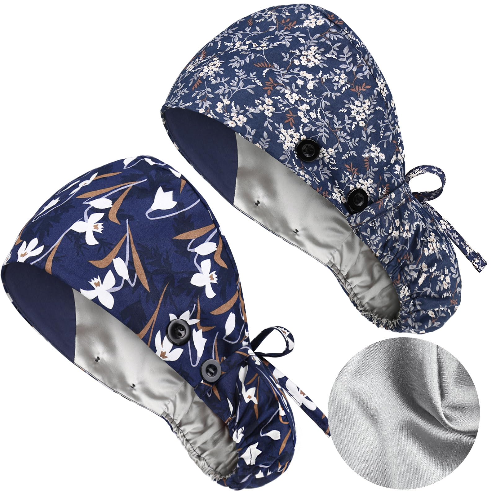 2 Pack Satin Lined Scrub Caps with Buttons & Sweathand, Surgical Caps for Women