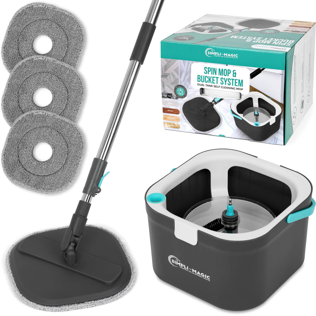 Simpli-Magic 360° Square Spin Mop and Bucket System – Dual Compartment, Separate Clean & Dirty Water – 3 High-Absorbent Microfiber Washable Heads – All Types Floor Cleaning