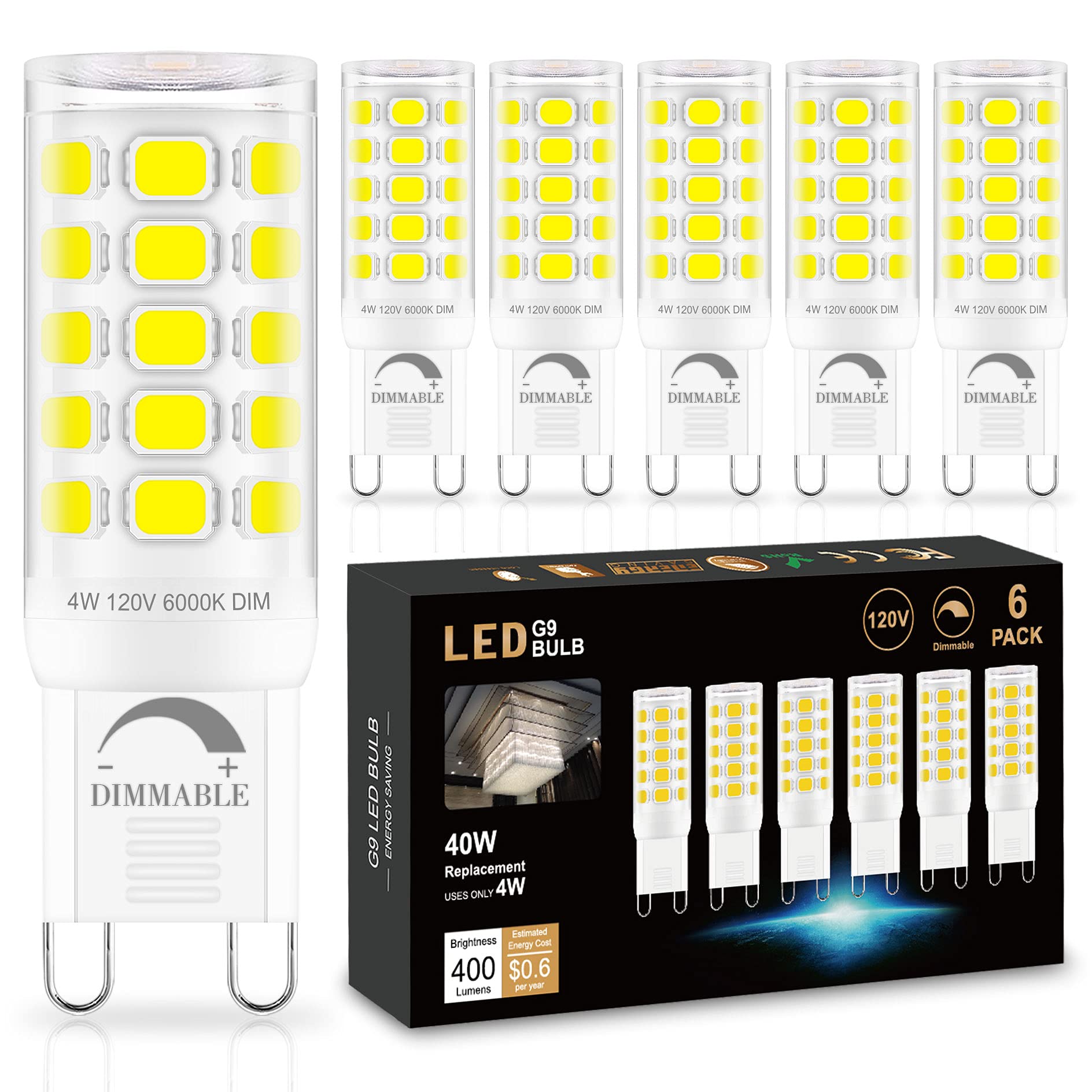 Sailstar 10 Pack Dimmable G9 LED Bulb, 400 Lumen, 6000K Daylight White, T4 G9 4W Replacement for 40 Watts Halogen, Ceramic Bi-Pin Base, 360°Beam Angle, 120V G9 Light Bulbs for Chandelier