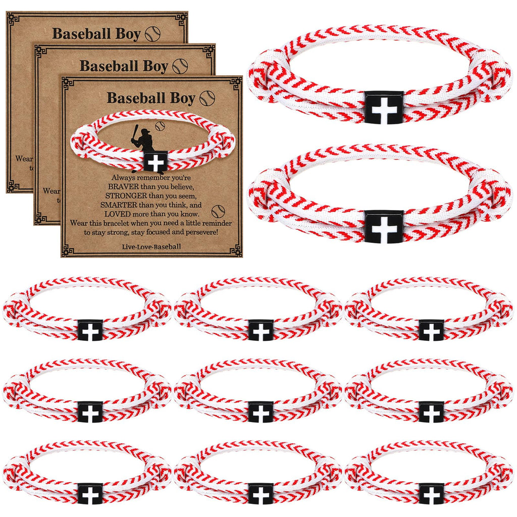 Tondiamo 12 Set Football Basketball Softball Baseball Volleyball Team Gifts Braided Christian Cross Bracelet for Men Women(Baseball)
