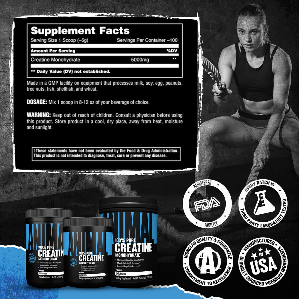 Animal Creatine Monohydrate Powder - Micronized Creatine for Women and Men, Supports Muscle Growth, Strength, Endurance, Recovery and ATP Production, Gym & Workout Supplements - Unflavored, 500g