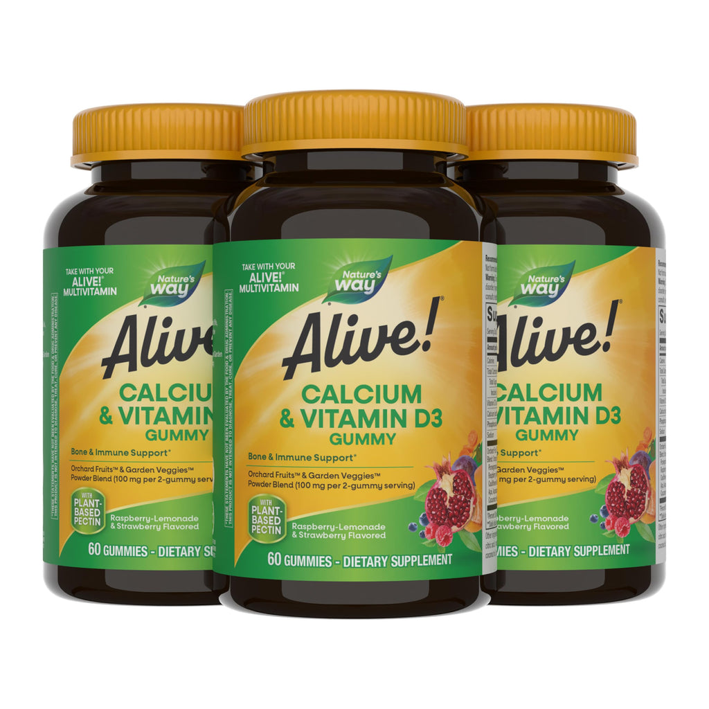 Nature’s Way Alive! Chewable Calcium Gummies with Vitamin D3, Daily Supplement Supports Healthy Bones and Teeth, and Muscle Function*, Strawberry and Raspberry-Lemonade Flavored, 60 Gummies (SET OF 3)