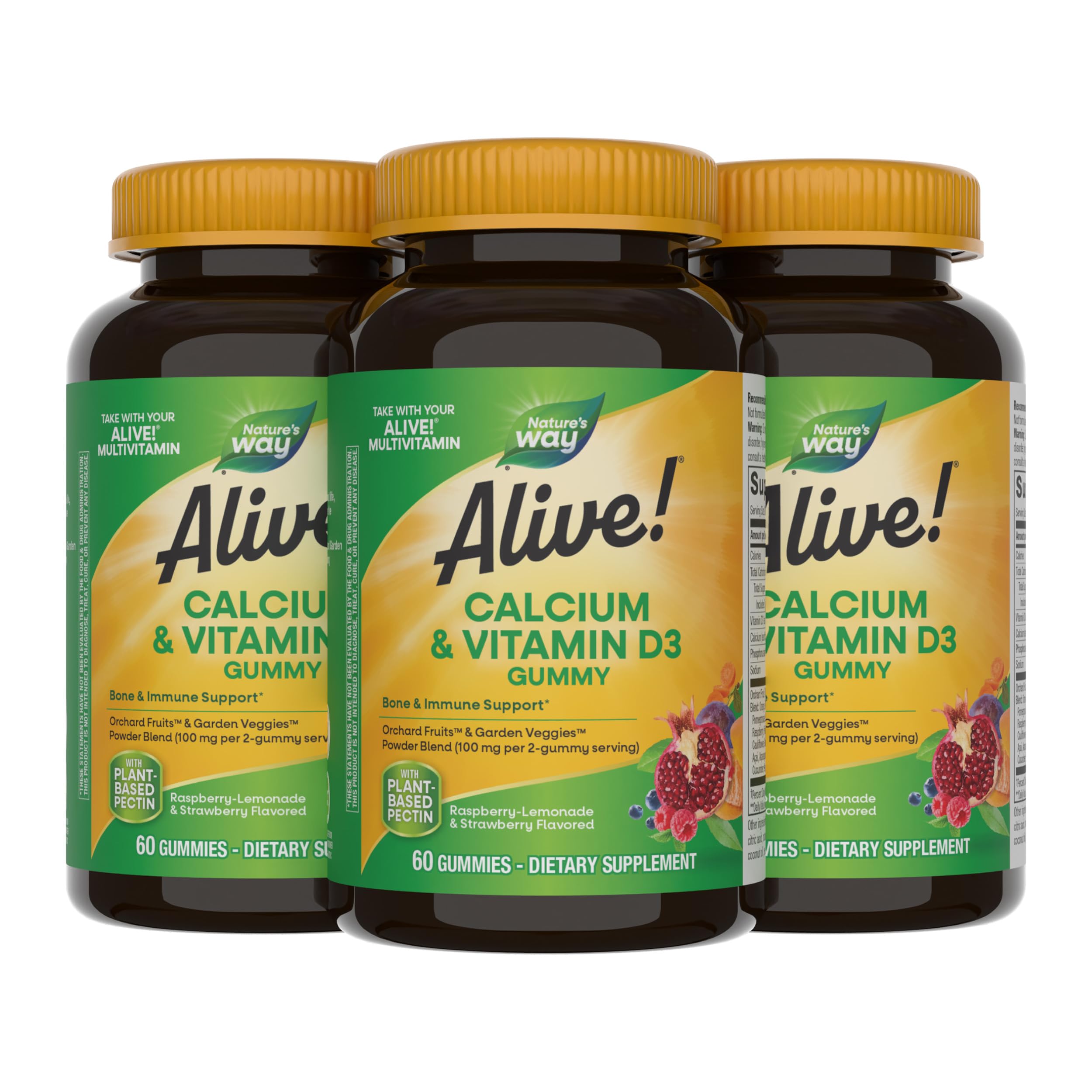 Nature’s Way Alive! Chewable Calcium Gummies with Vitamin D3, Daily Supplement Supports Healthy Bones and Teeth, and Muscle Function*, Strawberry and Raspberry-Lemonade Flavored, 60 Gummies (SET OF 3)