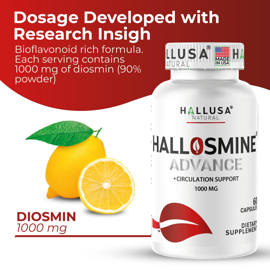 Hallusa Natural Hallosmine Advance 1000mg Diosmin Circulation & Vein Support Supplement, Vascular Health, Visible Veins, Spider Veins, Blood Flow, Swelling & Heavy Legs 60 Count (60 Capsules)