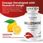 Hallusa Natural Hallosmine Advance 1000mg Diosmin Circulation & Vein Support Supplement, Vascular Health, Visible Veins, Spider Veins, Blood Flow, Swelling & Heavy Legs 60 Count (60 Capsules)