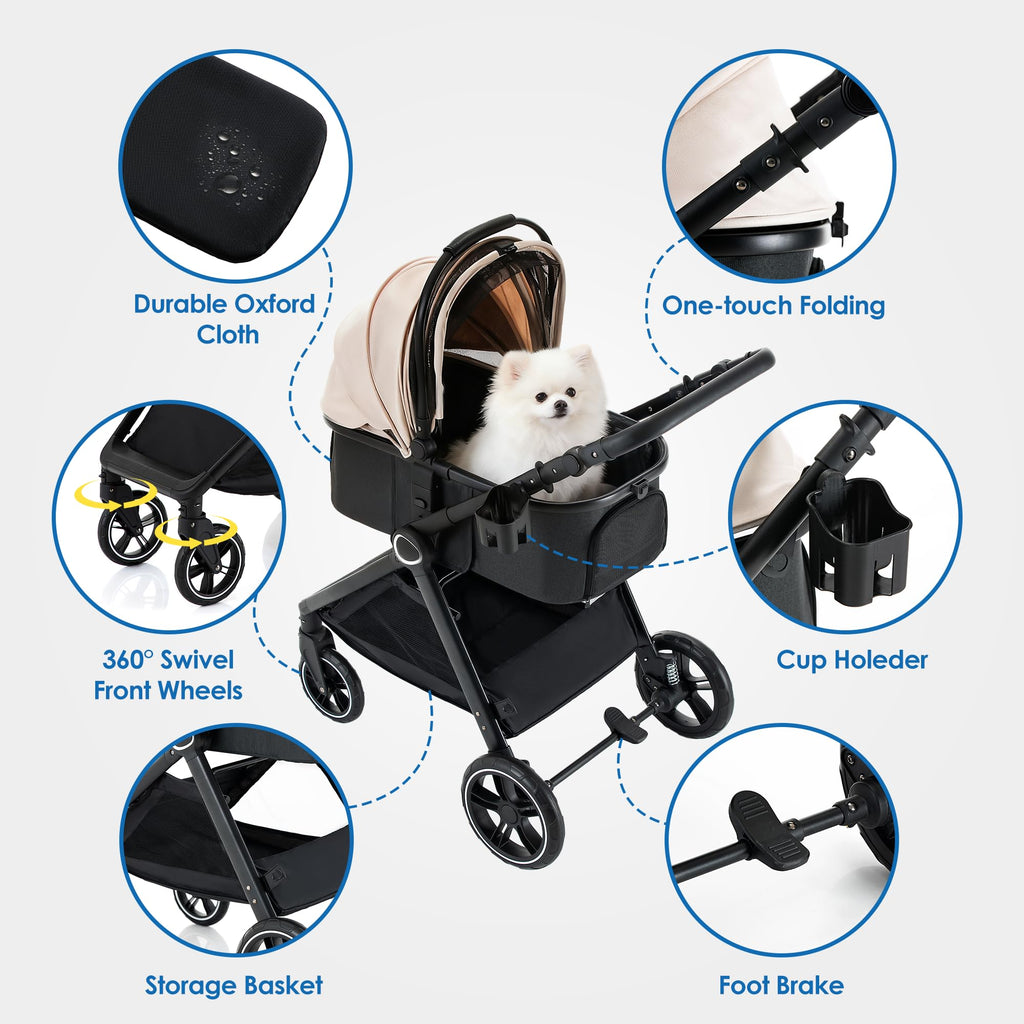 KAVELLIN Pet Stroller for Small Medium Dogs Cats Up to 50lbs, Dog Stroller with Removable Carrier, One Click Folding Cat Strollers, All-Terrain 4 Wheels Pet Strollers, Beige