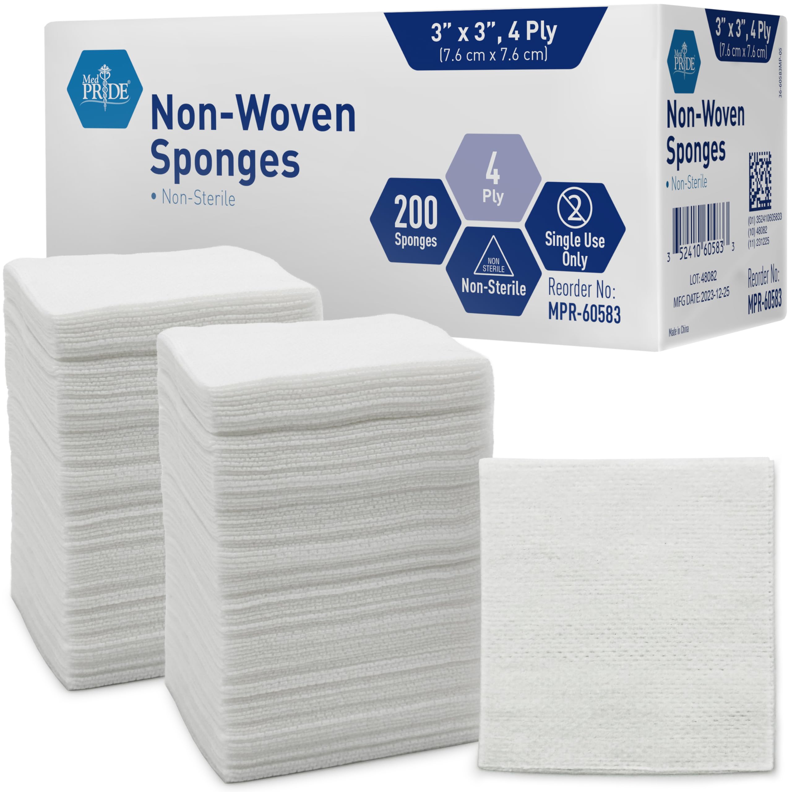 MED PRIDE Non-Woven Gauze Pads,3x3 in,4-Ply,Non-Adherent, 200-Count Pack