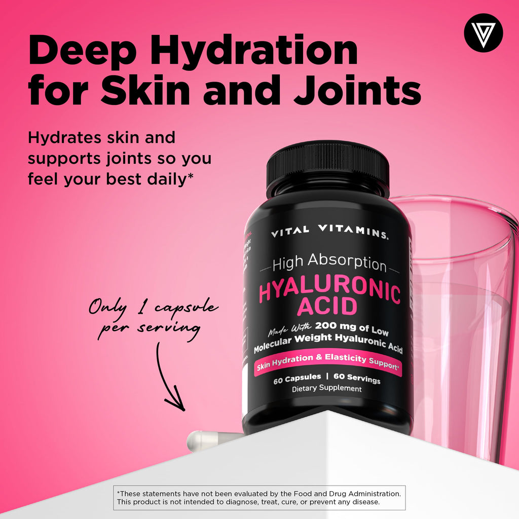 Vital Vitamins Hyaluronic Acid Supplements - Made with 200mg of Low Molecular Weight Hyaluronic Acid - Supports Skin Hydration & Elasticity from Within - 60 Capsules, 60 Servings
