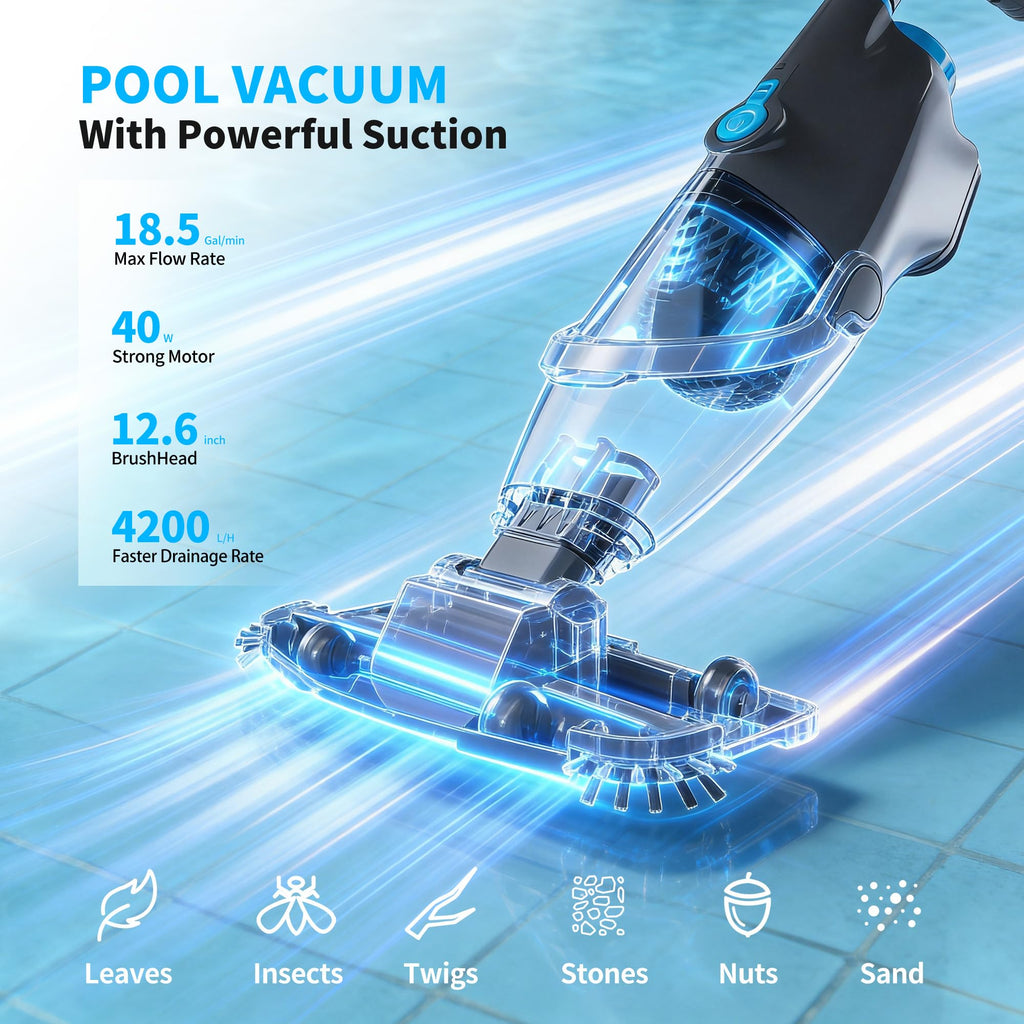 Youhou 2026 Upgraded Pool Vacuum,Pool Vacuum for Above Ground Pool,Cordless Handheld Pool Vacuum for Inground Pools,Pool Cleaner with 18.5 GPM Suction,Hot Tub Vacuum With Aluminum Pole for Sand&Debris