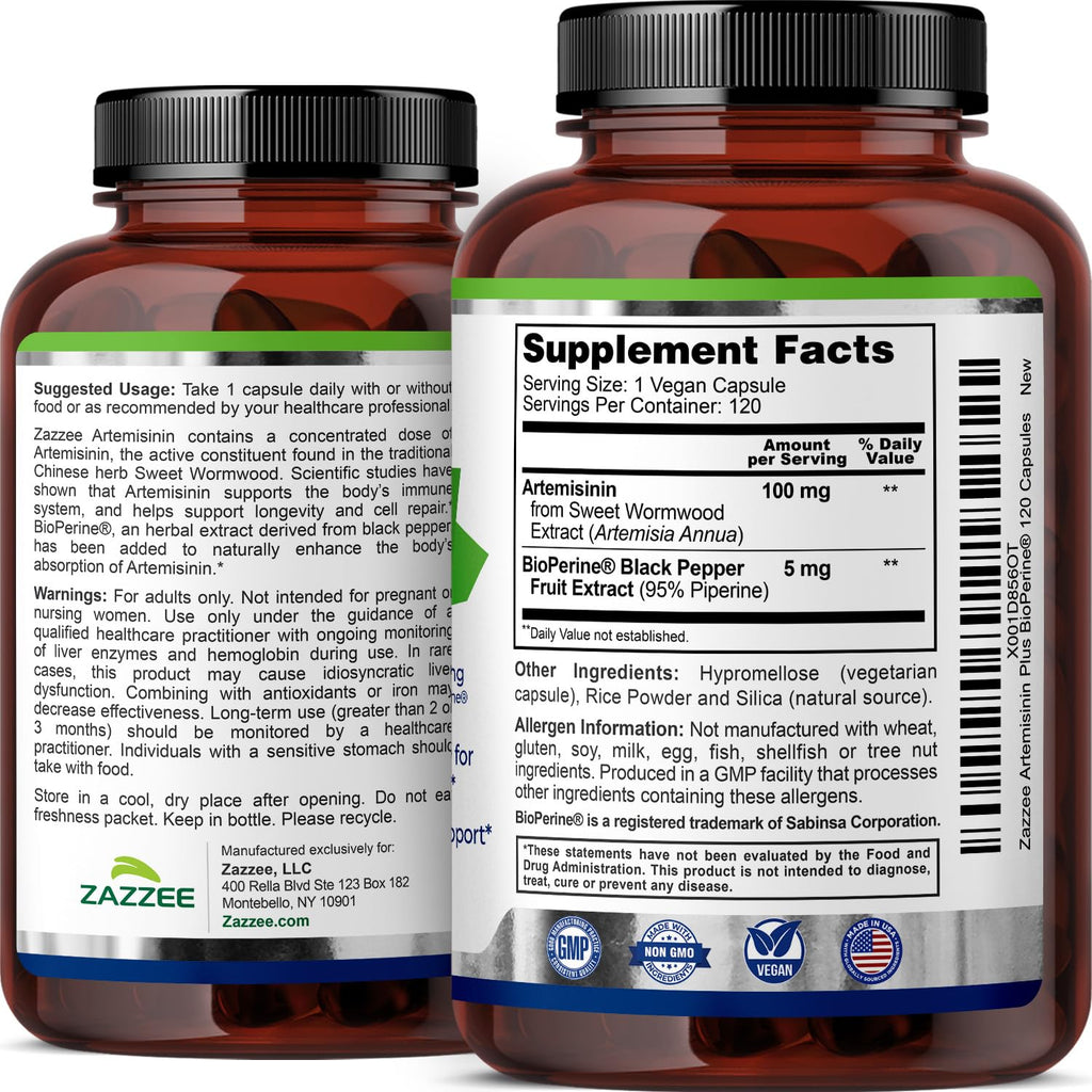 Zazzee High Absorption Artemisinin, 100 mg per Capsule, 120 Vegan Capsules, with 5 mg BioPerine for Maximum Absorption, Sweet Wormwood Extract, 4 Month Supply, All-Natural and Non-GMO