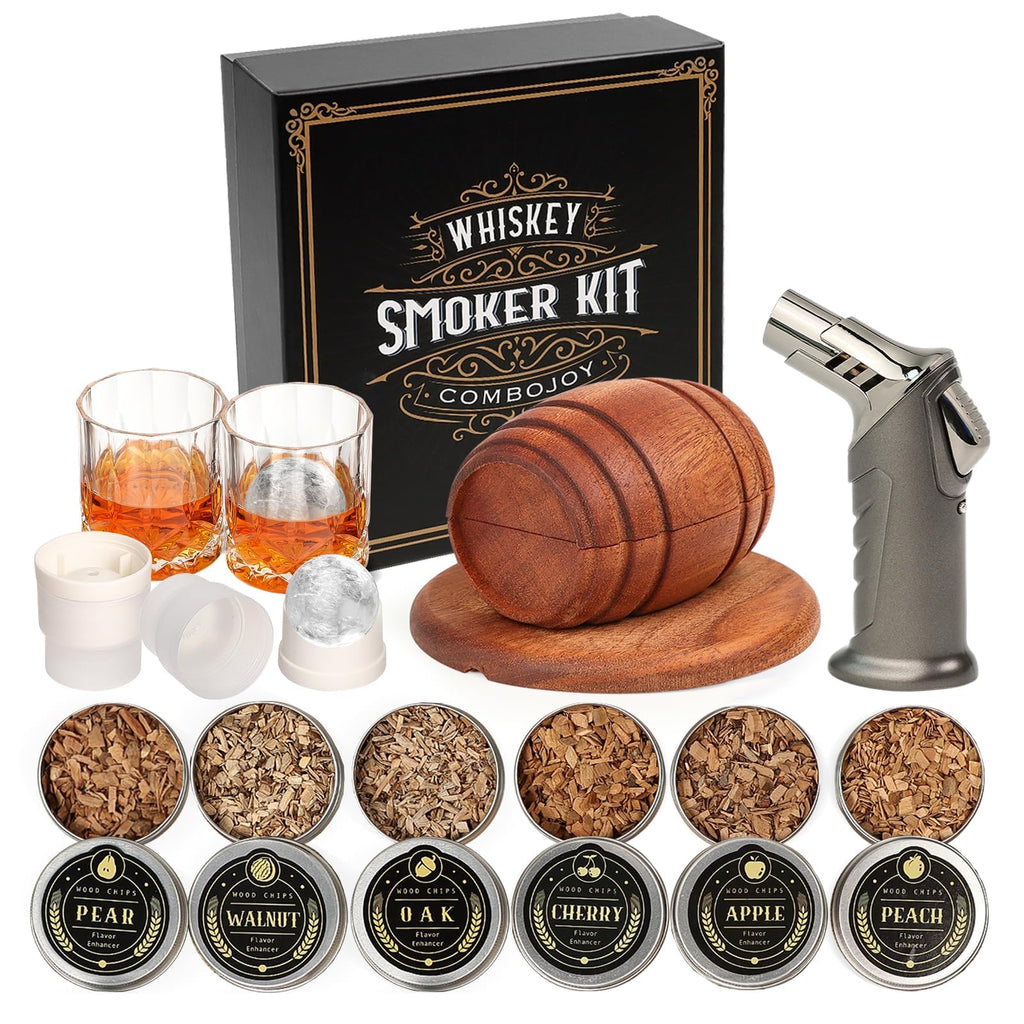 ComboJoy Whiskey Smoker Kit with Torch - 6 Flavors Wood Chips, 2 Glasses, 2 Ice Ball Molds - Cocktail Smoker Infuser Kit, Old Fashioned Drink Smoker Kit, Birthday Bourbon Gifts for Men,Dad(NO Butane)