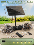 Sikitul 200FT Solar String Lights Outdoor Waterproof, 72+2 LED Solar Powered Lights with Remote Control, 3 Light Modes & Dimmable, USB-C Charging for Patio, Backyard, Garden, Camping