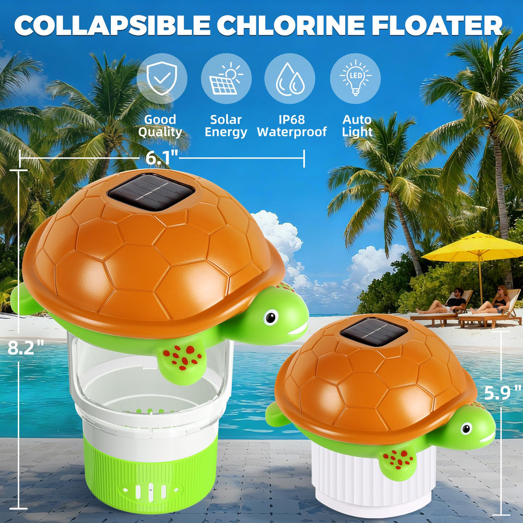 Chsuiwe Pool Chlorine Floater with Light, Turtle Solar Chlorines Floaters with Adjustable Release, Chlorine Floater for 4 * 3'' Disks, Easy Opening Floating Pool chlorines Dispenser for Swimming Pool