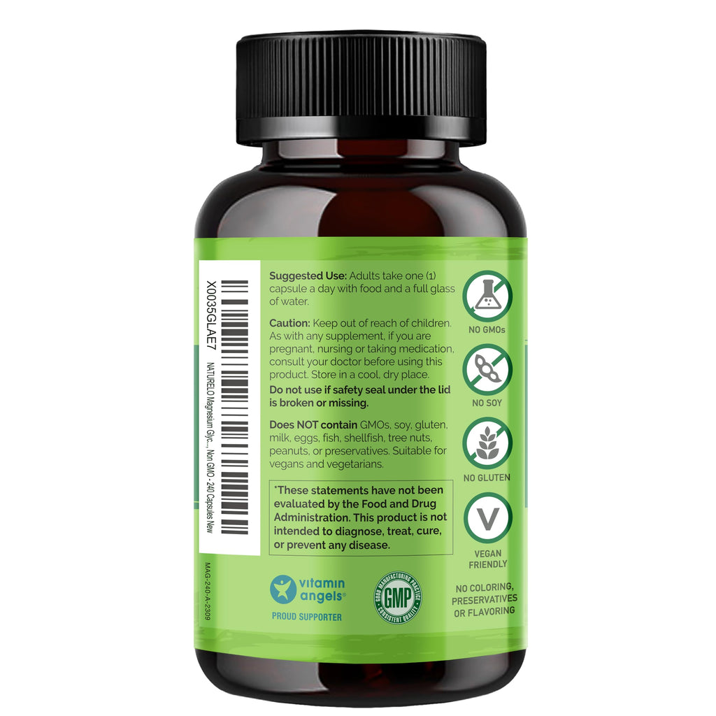 NATURELO Magnesium Glycinate Chelate Complex - 200 mg Magnesium with Organic Vegetables to Support Sleep, Calm, Muscle Cramp & Stress Relief - Gluten Free, Non GMO - 240 Capsules