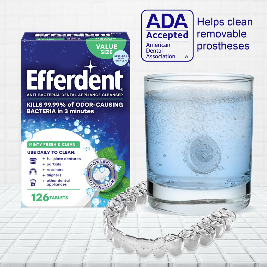 Efferdent Denture Cleaner Tablets – Dental Appliances, Aligners, Mouth Guard, and Retainer Cleaner Tablets, Minty Fresh & Clean, 126 Count