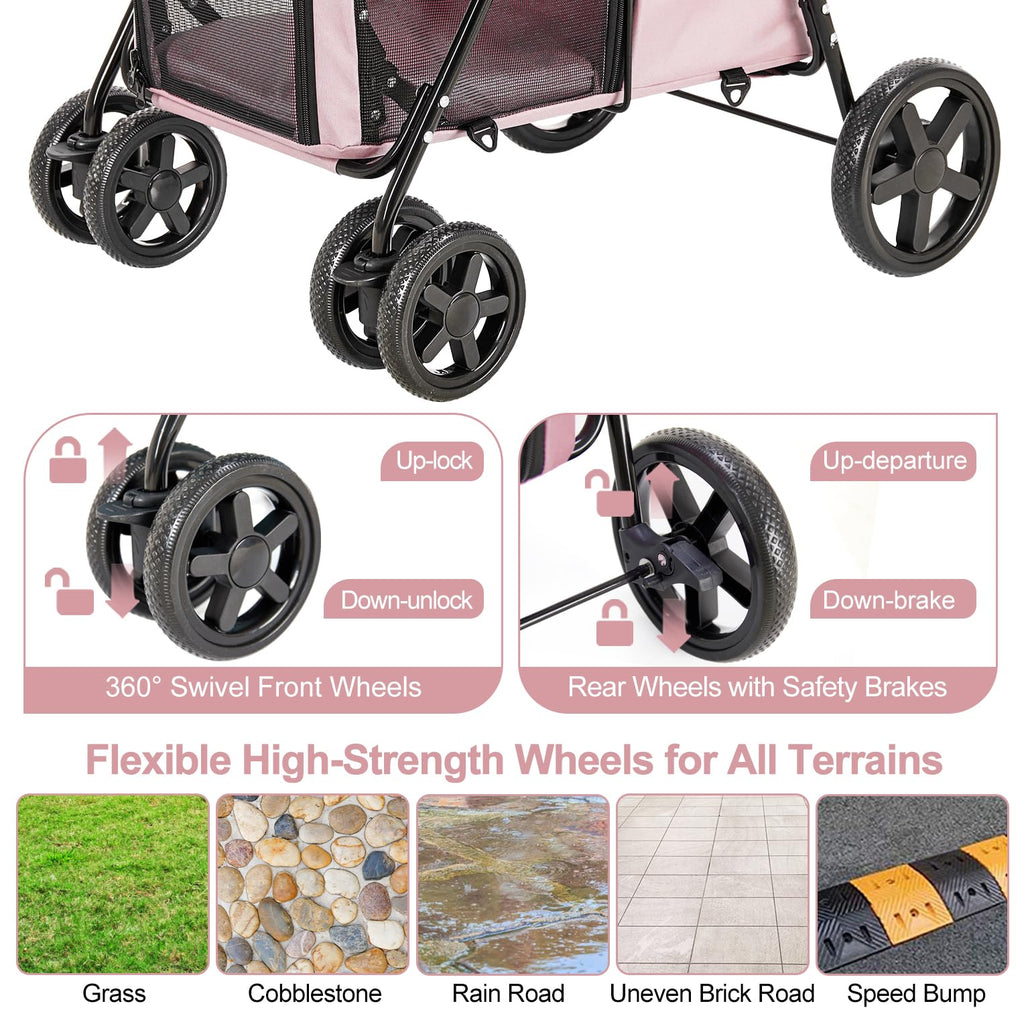 LPOTIUS Double Pet Stroller for Dogs and Cats with 2 Detachable Carrier, Quick-Folding Dog Stroller for Medium Small Dogs Cats, 4 Wheels, Light Pink