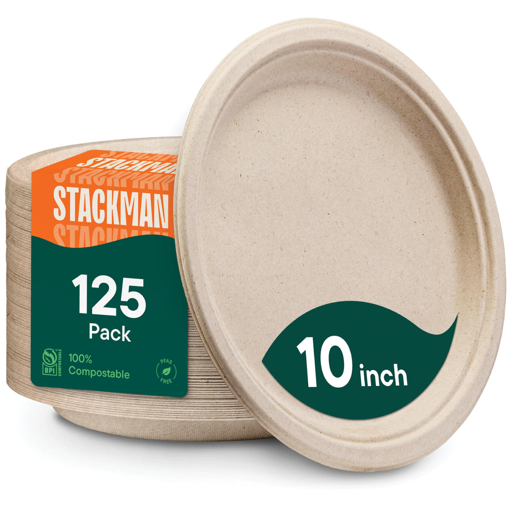 Paper Plates, 100% Compostable Heavy Duty Disposable 10 Inch Plate - [125-Pack] Eco-Friendly, Biodegradable Bagasse - (PFAS-Free) - (BPI Certified)