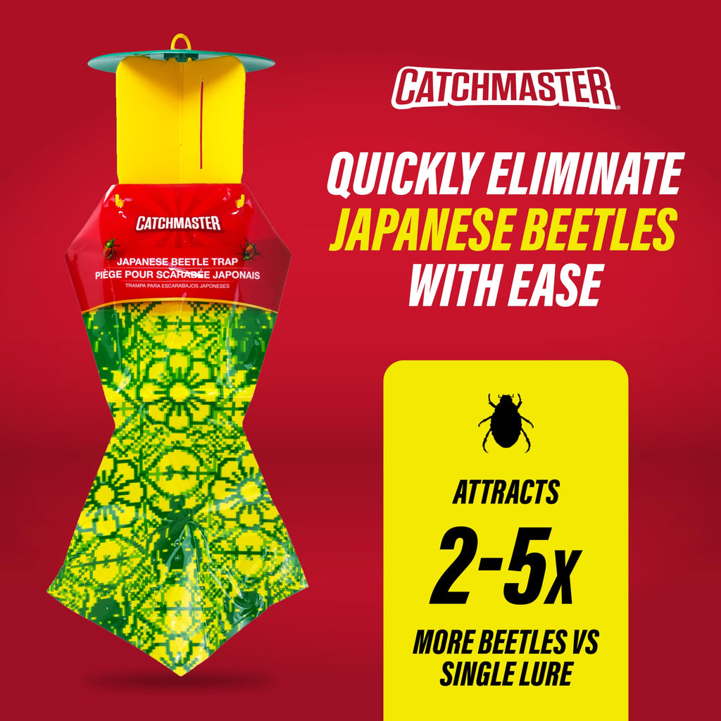 Catchmaster Japanese Beetle Traps w/Rain-Proof Cap 6-Pack & Dual Lure, Beetle Bag Trap, Hanging Beetle Catcher, Pest Control for Backyard & Garden, Plants, Trees, Vegetables & Flowers