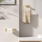 FORIOUS Toilet Paper Holder Set Wall Mount, SUS 304 Stainless Steel Pivoting Toilet Paper Holder and Towel Ring, Hand Towel Holder Set for Bathroom, Square Bathroom Hardware Set, Brushed Gold