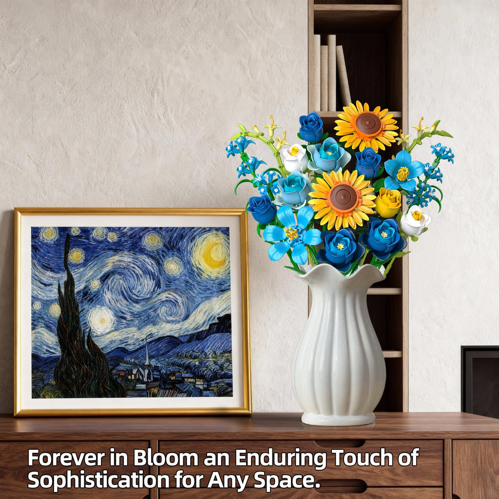 Blue Rose Flowers Valentines Gifts - Bouquet Building Set Compatible with Lego Flowers for Adults Women, Van Gogh's Starry Night and Sunflowers Style, Christmas Mother's Day Home Decor
