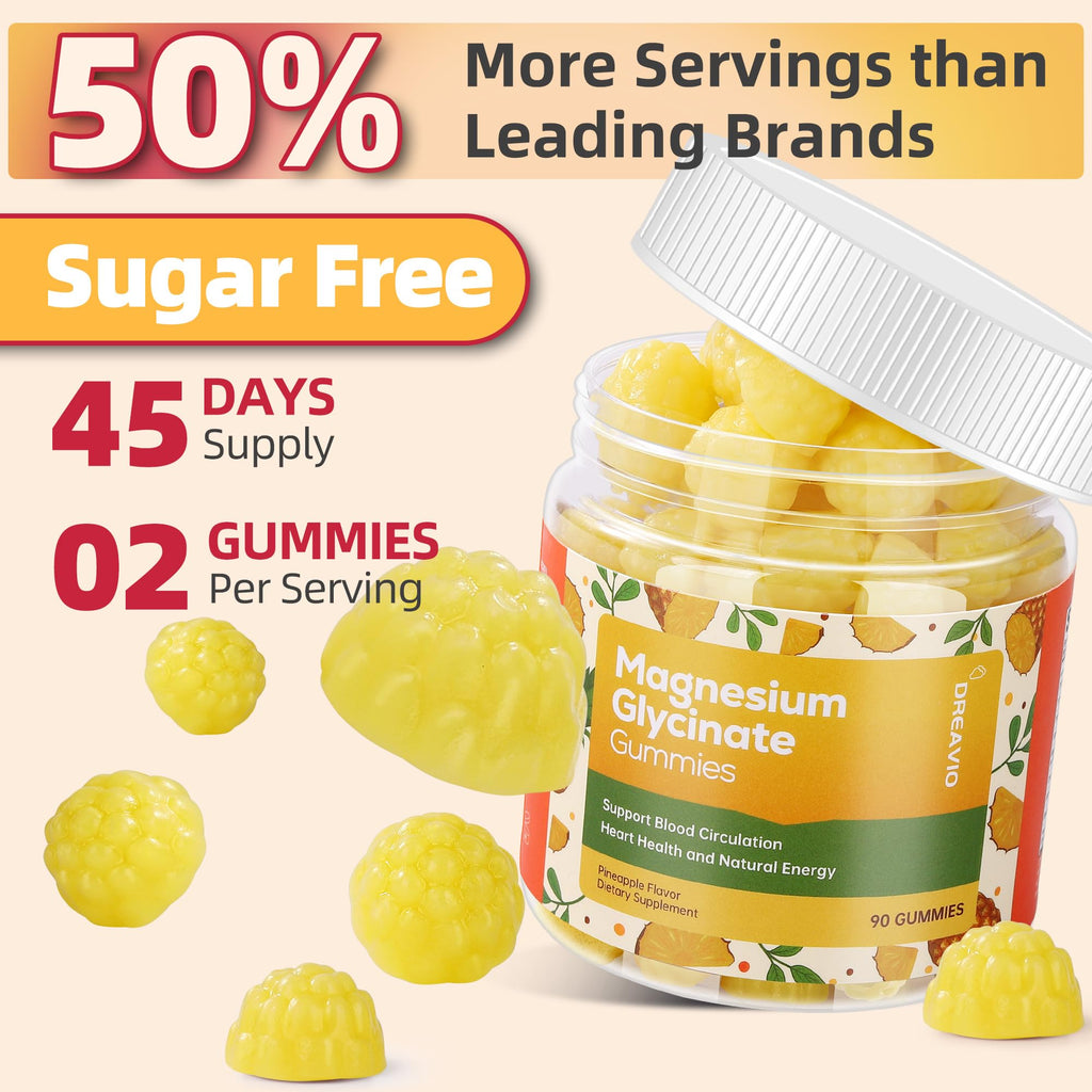DREAVIO 90 Count Magnesium Glycinate Gummies w/Ashwagandha Supplement - Sugar Free Zinc Magnesium Glycinate Supplement Ashwagandha Gummies for Adults Pineapple Flavor