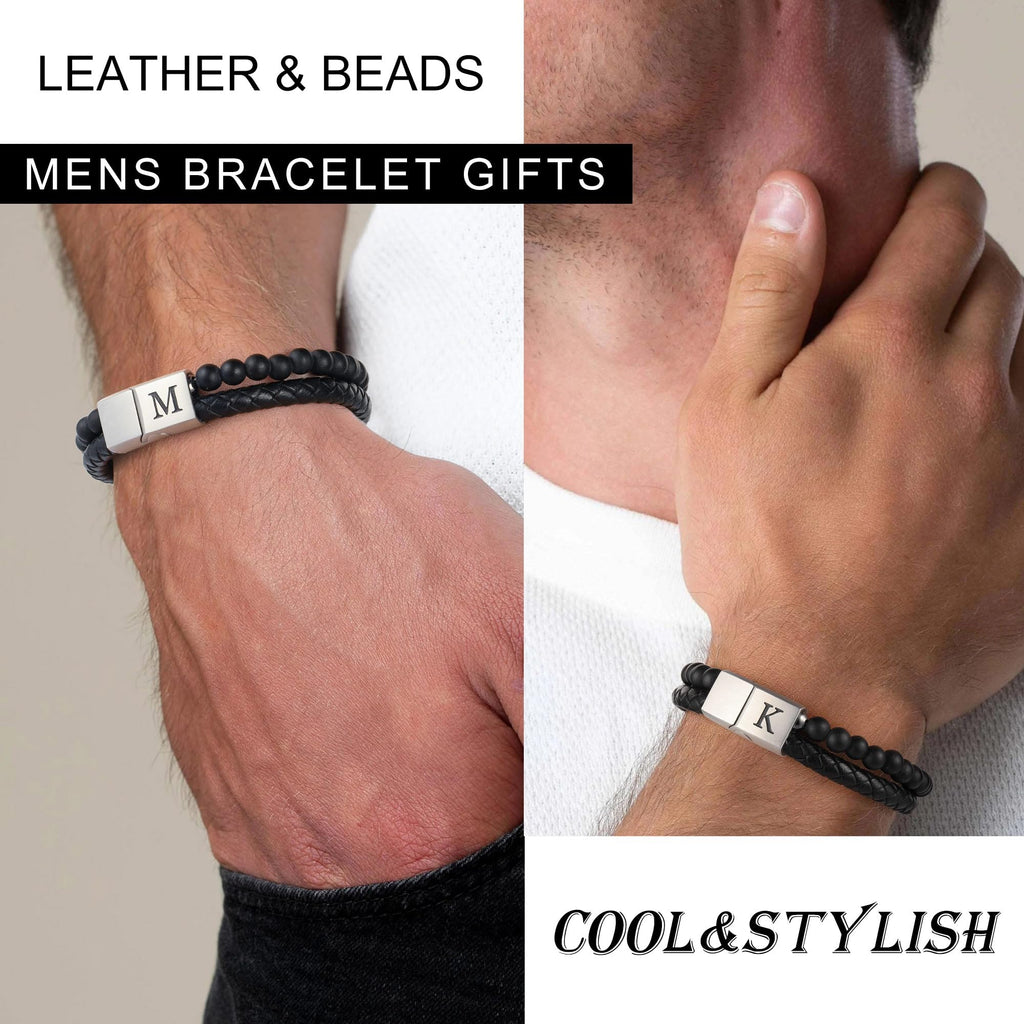 LUXEJEW Mens Bracelet - Leather Beaded Bracelets for Men Matte Agate Beads J Initial Bracelet for Mens Jewelry Fathers Day Ideas Gifts for Grandpa Dad Son Birthday Gifts for Men Husband Boyfriend
