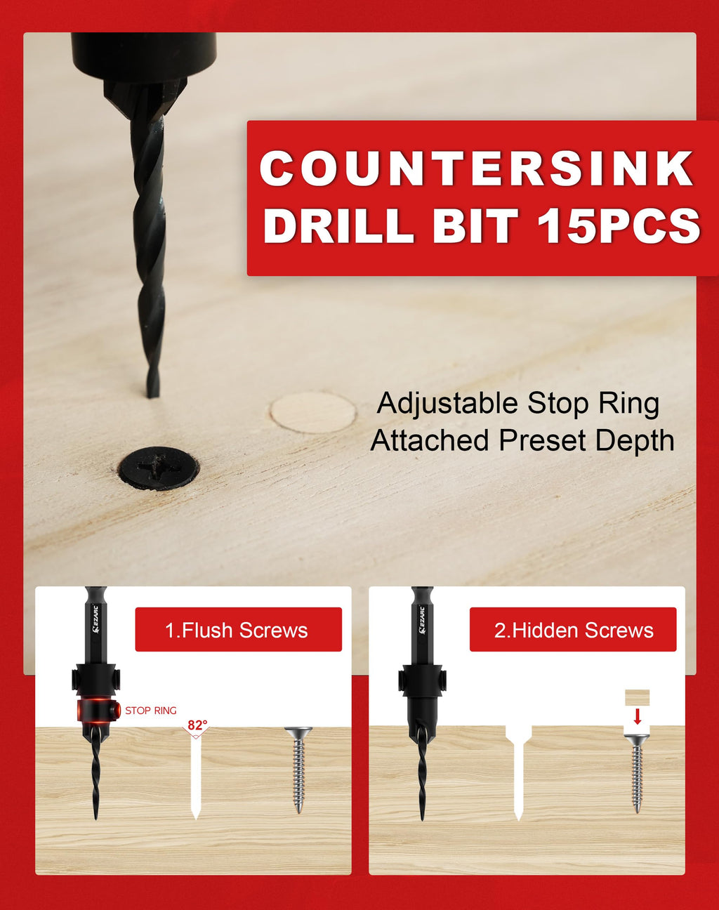 EZARC Countersink Drill Bit Set, 15 PCS Tapered Drill Bits Counter Sink Drill Bit with 2PCS Wood Plug Cutter 1/4" Hex Shank Quick Change for Woodworking with Storage Box