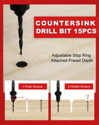 EZARC Countersink Drill Bit Set, 15 PCS Tapered Drill Bits Counter Sink Drill Bit with 2PCS Wood Plug Cutter 1/4" Hex Shank Quick Change for Woodworking with Storage Box