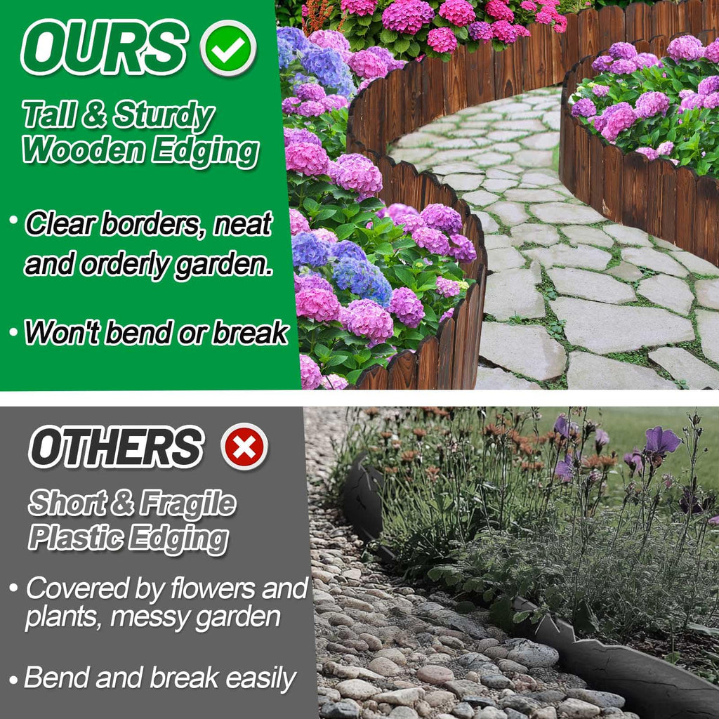 Wooden Garden Edging - 13.1ft x 11.8in Pine Landscape Border, Flexible Weather-Resistant Fences for Decorate Spring Outdoor Patio Yard Lawn Flower Beds