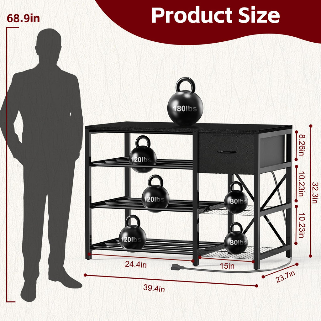 GUULIBERA 3D Printer Stand with Filament Storage Rack, Black 3D Printer Table with Power Outlet, 3-Tier Filament Holder with Drawer, 3D Printer Filament Stand Organized for Office Workshop Studio