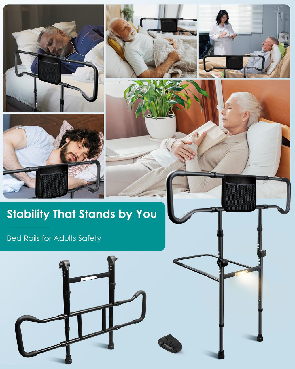AMOVO Bed Rails for Elderly Adults Safety - Foldable Bed Assist Rails for Seniors Bed Side Grab Bar with Sensor Light, Adjustable Bedside Railing Safety Guard Rail Cane (ASTM F3186–17 Certified)