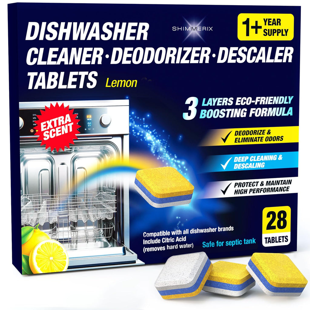 Dishwasher Cleaner Deodorizer Descaler Tablets - 28 Tabs - 1 Plus Year Supply - Extra Scented Deep Cleaning Sanitizer Pods - Remove Hard Water - Contain Citric Acid Heavy Duty Septic Safe - Lemon