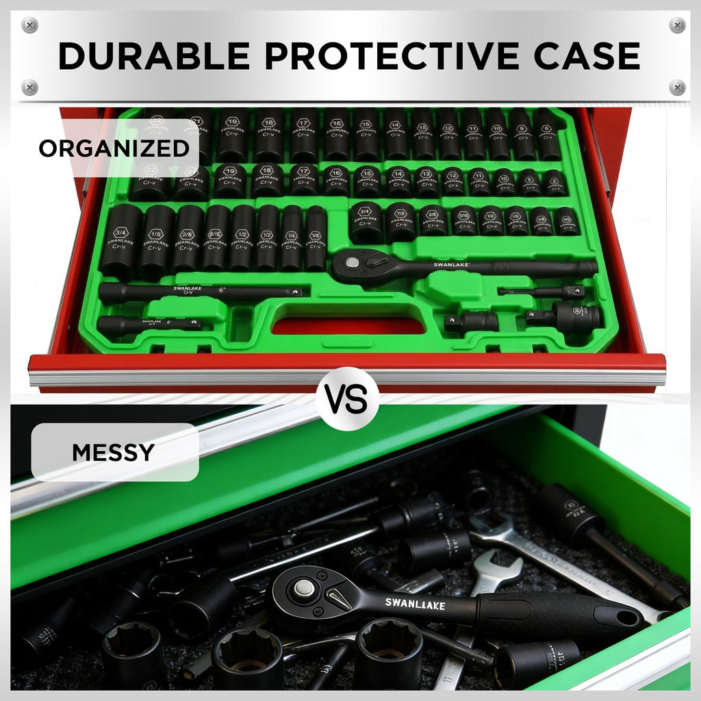 SWANLAKE 3/8'' Drive Impact Socket Set, 50-Piece Standard SAE (5/16 to 3/4 inch) and Metric (8-22mm) Size, 6 Point, Cr-V, 3/8-Inch Ratchet Handle, Extension Bar, Universal Joint