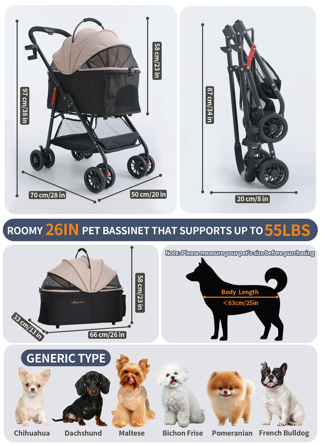 MILA&LOUIS Dog Stroller, 26" Pet Cradle for Medium Dog, Lightweight Foldable Dog Stroller for Multiple Small Pets Durable PU 4-Wheel Dog Strollers, Pet Stroller for Dogs & Cats up to 25Lbs