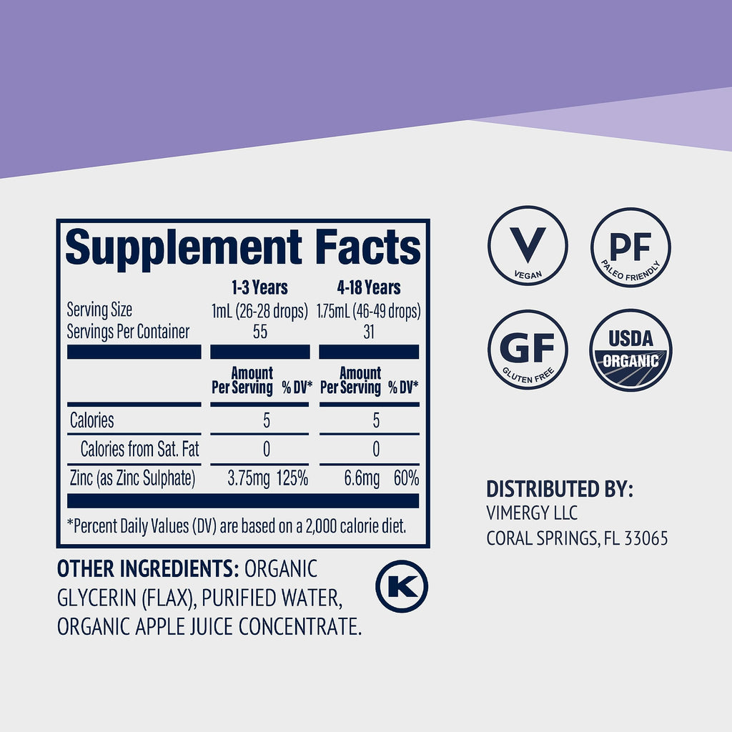 VIMERGY Kids USDA Organic Liquid Zinc Sulfate – for Children & Adolescence 1-18 Years Old, Fast-Absorbing Immune Support* – Promotes Healthy Bones, Hair & Skin, Vegan, Non-GMO – 55 mL