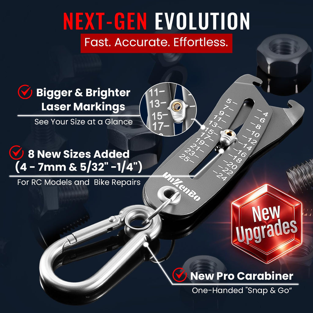 UNKENBO® Gen2 Bolt Size Finder Tool Keychain - Gauge Bolts & Nuts Head SAE 5/32 to 1" & Metric 4 to 25mm, Wrench & Socket Size Finder, Nut & Bolt Fastener Measuring Tool Gifts for Men (Galaxy Silver)