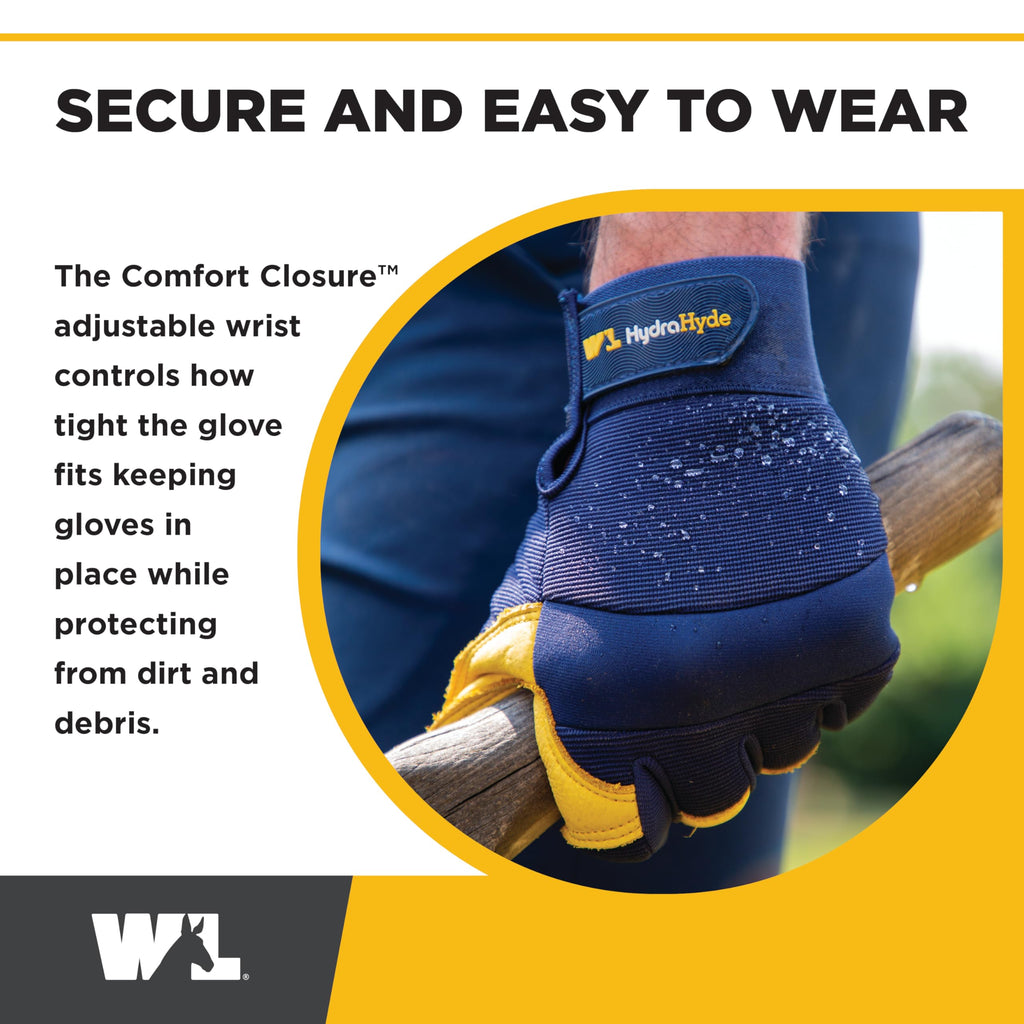 Wells Lamont Men's Leather Palm Work Gloves – HydraHyde Water-Resistant Leather, Flexible Spandex Back, Adjustable Closure – Ideal for Construction, Landscaping, DIY Projects – Blue, X-Large (3207XL)