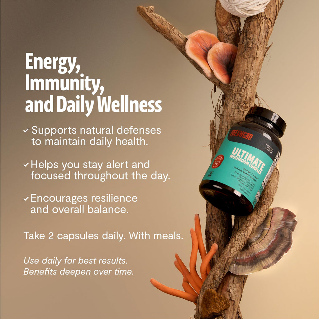 FreshCap Mushrooms Premium Organic Ultimate Mushroom Supplement - 12:1 Fruiting Body Extract with 29% Beta-Glucans - 3rd-Party Tested Nootropic for Energy, Focus & Immune Support (120 Capsules)